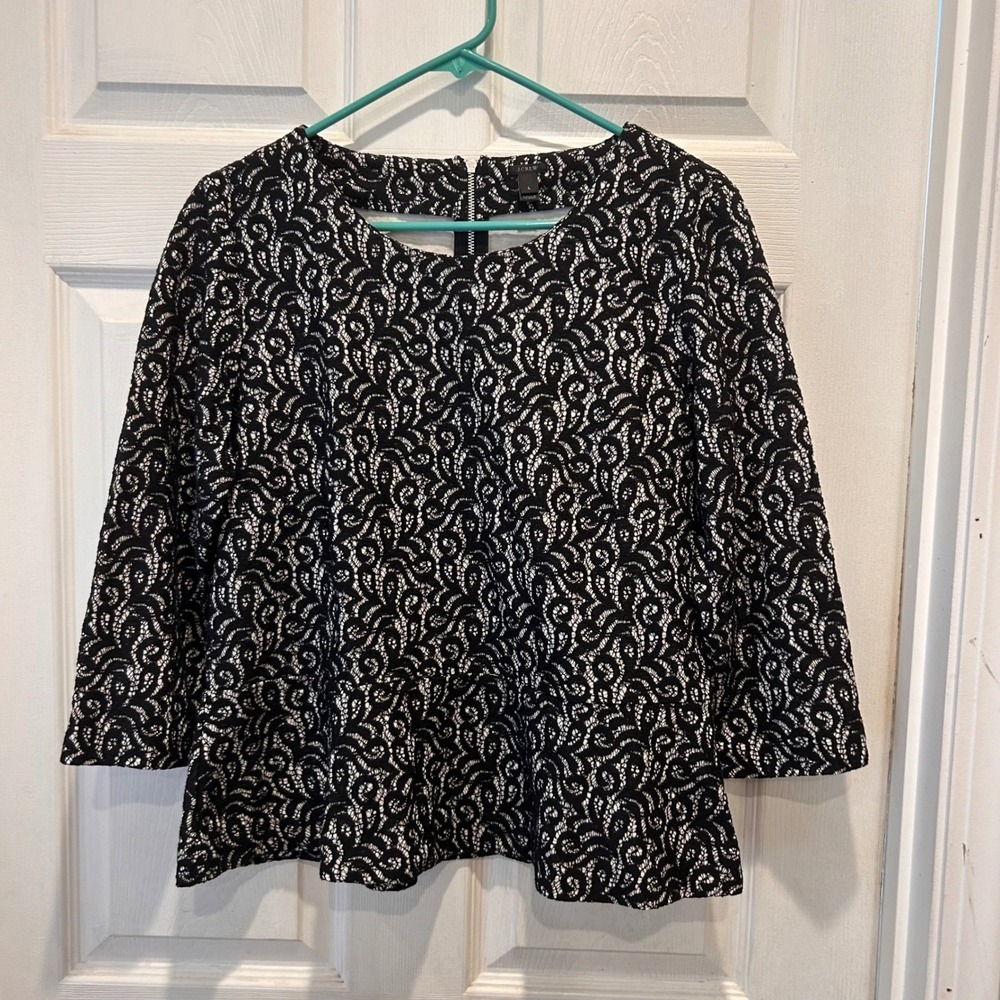 J.Crew Womens‎ Black Ivory Swirl Lace Peplum Top 3/4 Sleeve Exposed Zip Large